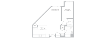 A floor plan of a room with a living/dining area, bedroom, and bathroom.