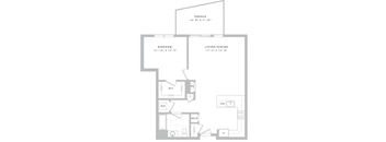 A floor plan of a house with a terrace, bedroom, and living/dining area.