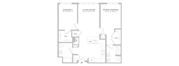 A floor plan of a home with three bedrooms, a living/dining area, a primary bedroom, a home office, a laundry room, and a garage.