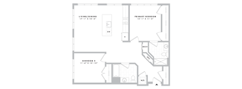 A floor plan of a home with a living/dining area, two bedrooms, and a mech.