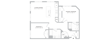 A floor plan of a home with a living/dining area, two bedrooms, and a bathroom.