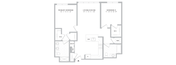A floor plan of a home with a primary bedroom, living/dining area, and a second bedroom.