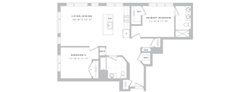A floor plan of a home with a living/dining area, two bedrooms, and a primary bedroom.