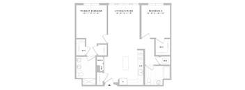 A floor plan of a home with a primary bedroom, living/dining area, and two additional bedrooms.