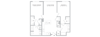 A floor plan of a home with three bedrooms and a living/dining area.