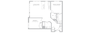 A floor plan of a home with a living/dining area, two bedrooms, a primary bedroom, a study, a kitchen, and a bathroom.