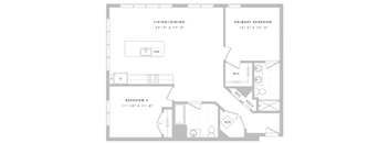 A floor plan of a home with a living/dining area, two bedrooms, and a primary bedroom.