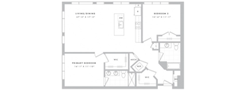 A floor plan of a home with a living/dining area, two bedrooms, and a primary bedroom.