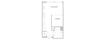 A floor plan of a small apartment with a living/dining area and a bedroom.