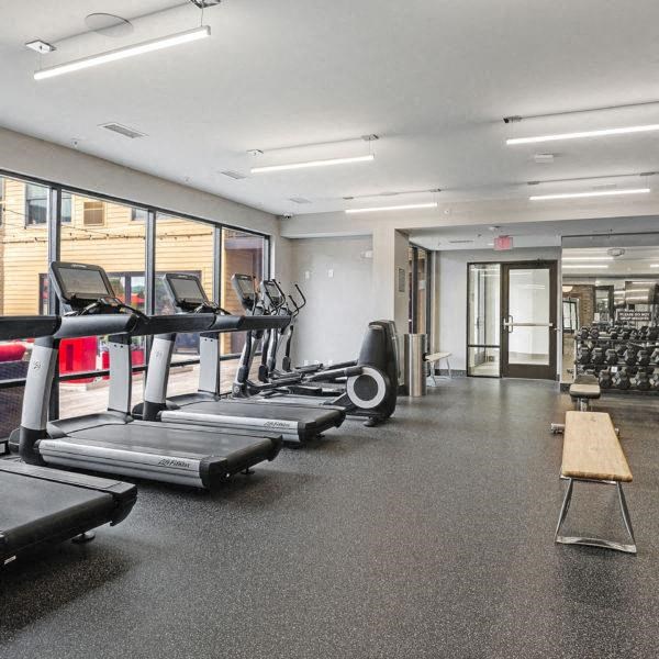 a gym with a bunch of cardio equipment in it