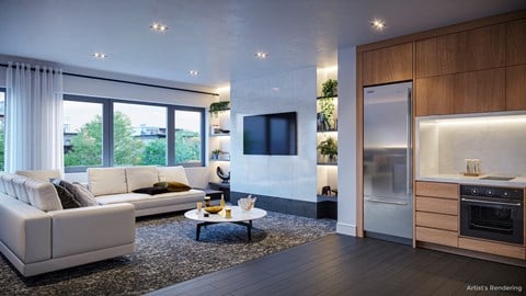 a rendering of a living room with a white couch and a table