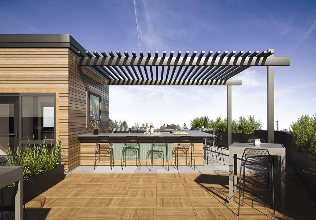 a rendering of a rooftop patio with an outdoor bar and dining area