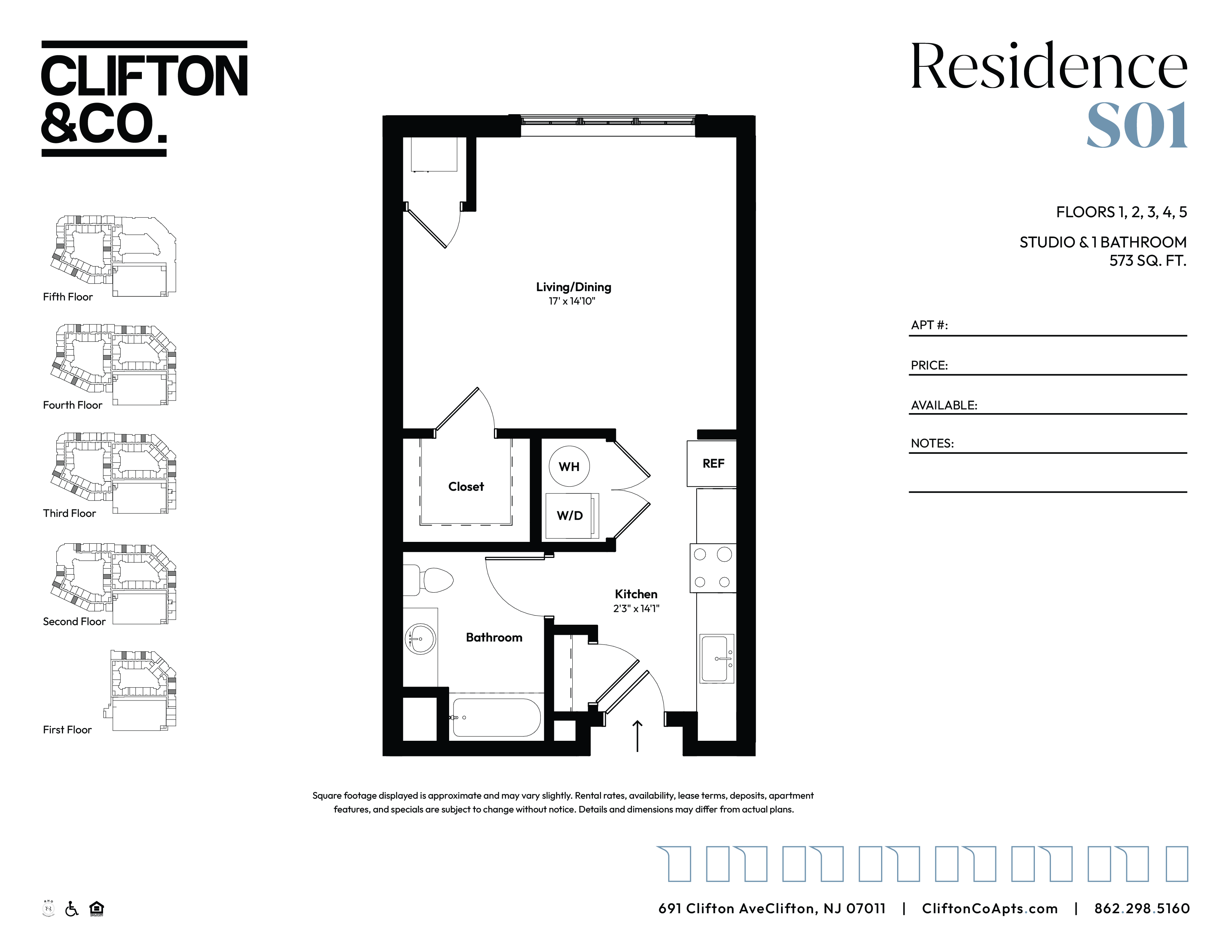 A floor plan for a residence with a living/dining area and a kitchen.