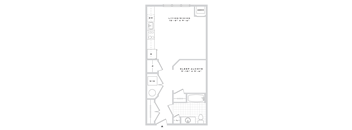 A floor plan of a small apartment with a sleep alcove.