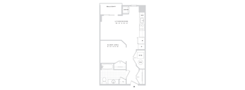 A floor plan of a balcony with a living/dining area and a sleeping area.
