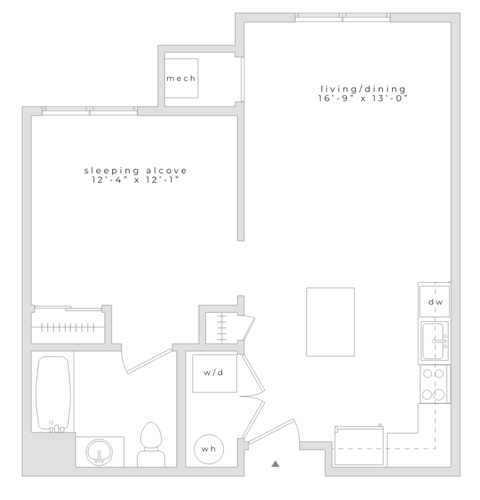 A floor plan of a small apartment with a sleeping alcove and a living/dining area.