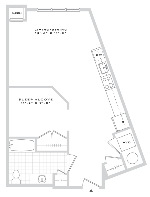 A floor plan of a small apartment with a living/dining area, a sleep alcove, and a bathroom.