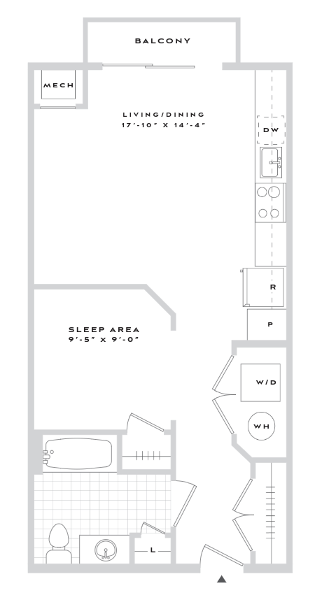 A floor plan of a balcony with a living and dining area and a sleeping area.