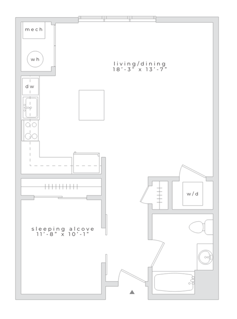 A floor plan of a small apartment with a sleeping alcove.