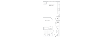 A floor plan of a small apartment with a sleeping area and a living/dining area.