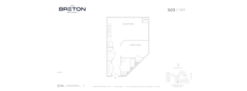 A floor plan for a studio apartment is displayed with labeled rooms and measurements.