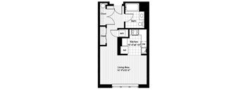 A floor plan of a small apartment with a living area, kitchen, bathroom, and two closets.