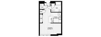 A floor plan of a small apartment with a living area, kitchen, bathroom, and two closets.