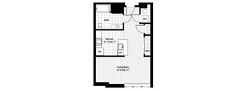 A floor plan of a small apartment with a living area, kitchen, and bathroom.