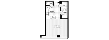 A black and white floor plan of a small apartment with a living area, kitchen, bathroom, and closet.