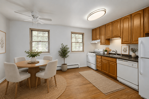 A kitchen with a table and chairs in the middle of the room.