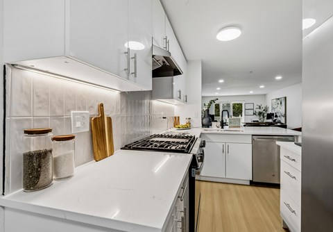 A modern kitchen with white cabinets and a white countertop.