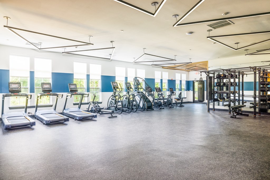 a large fitness room with cardio machines and weights