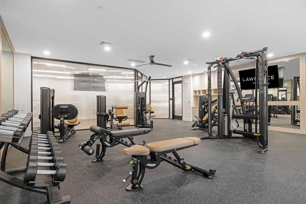 A gym with a variety of equipment including weights and a rowing machine.