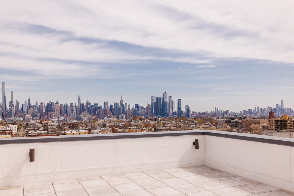 a view of the chicago skyline from the top of a building