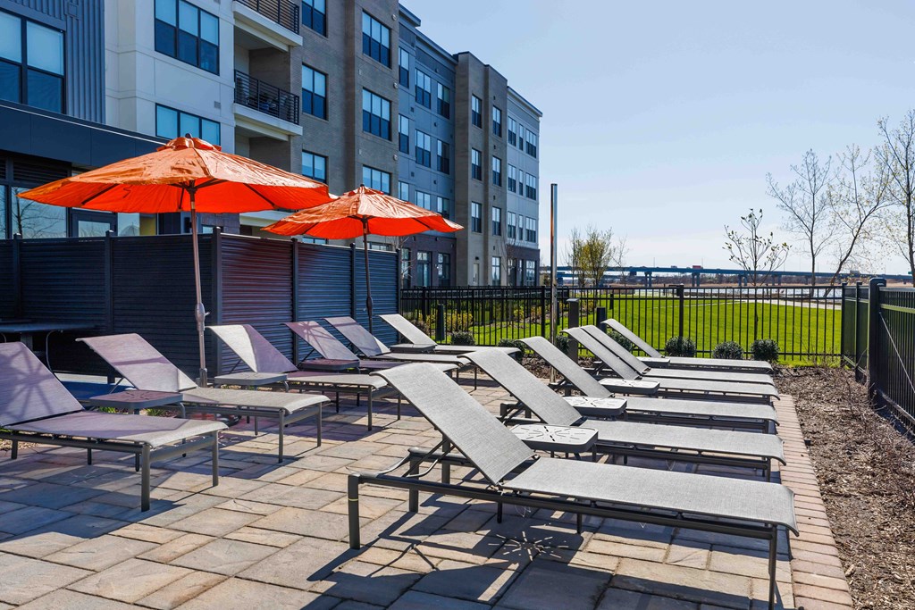 A row of sun loungers and umbrellas are set up on a patio.