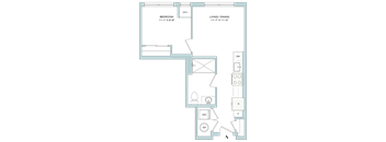 A floor plan of a room with a bedroom, living/dining area, and a bathroom.