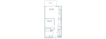 A floor plan of a small apartment with a sleeping alcove and a living/dining area.