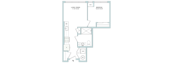 A floor plan of a room with a living/dining area, a bedroom, and a kitchen.
