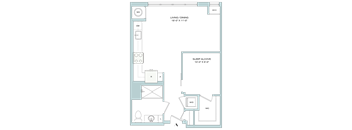 A floor plan of a living and dining area with a sleep alcove.