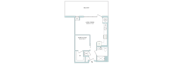 A floor plan of a balcony with a living/dining area and a sleep alcove.
