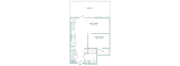 A floor plan of a balcony with a living/dining area and a sleep alcove.