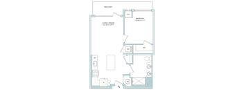 A floor plan of a house with a balcony, bedroom, living/dining area, and bathroom.