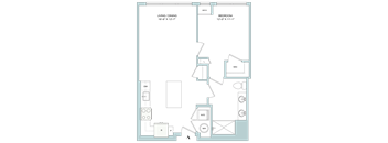 A floor plan of a home with a living/dining area and a bedroom.