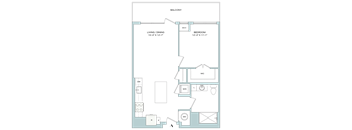 A floor plan of a small apartment with a living room, dining room, bedroom, and bathroom.