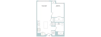 A floor plan of a room with a living/dining area, bedroom, and bathroom.