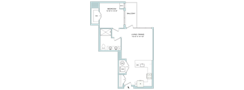 A floor plan of a house with a bedroom, living/dining area, and a balcony.