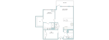 A floor plan of a house with a balcony, living/dining area, bedroom, WC, and den.