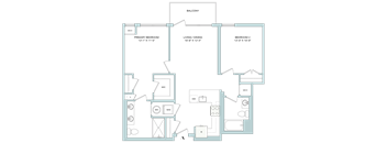 A floor plan of a home with a primary bedroom, living/dining area, and two additional bedrooms.