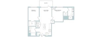 A floor plan of a house with a balcony, two bedrooms, a living/dining area, a primary bedroom, a WC, a DW, and a kitchen.