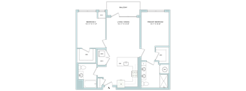A floor plan of a house with a balcony, three bedrooms, a living/dining area, a primary bedroom, a WC, a DW, a laundry area, and a kitchen.